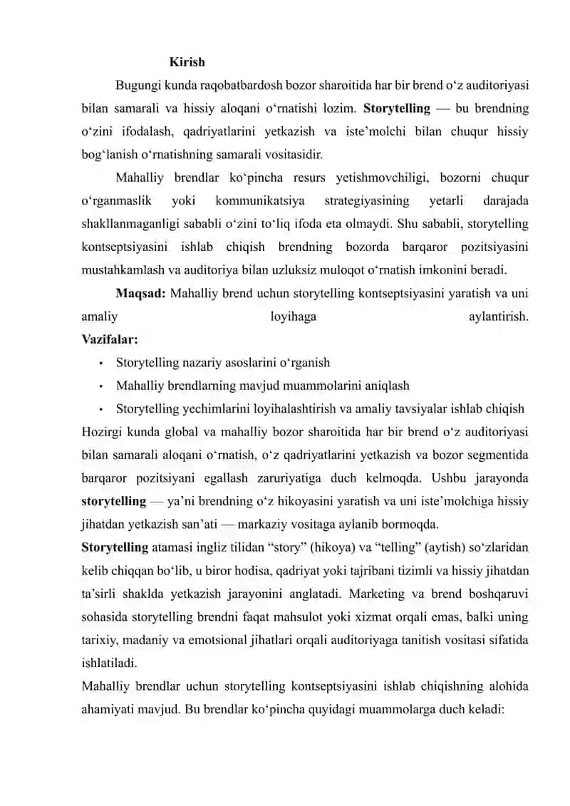 MAHALLIY BREND UCHUN STORYTELLING KONTSEPSIYASINI ISHLAB CHIQISH: AMALIY MASALALAR VA YECHIMLAR 2