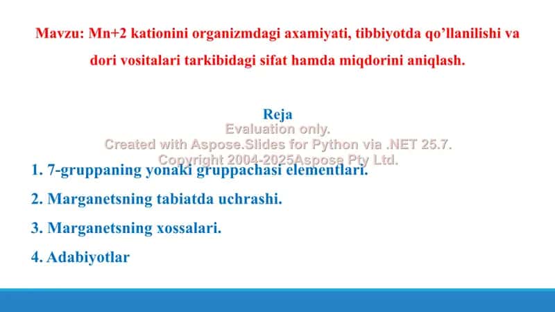 13. Mn+2 kationini organizmdagi ahamiyati, tibbiyotda qo’llanilishi va dori vositalari tarkibidagi sifat hamda miqdorini aniqlash. Taqdimot 10 bet 2