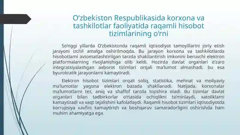 Stat.uz, my3.soliq.uz, my.soliq.uz, my.mehnat.uz, didox.uz, soliqservis.uz saytlarida korxona ma'lumotlari va hisobotlarini shakllantirish hamda tashkilotlarning buxgalteriya tizimi 2