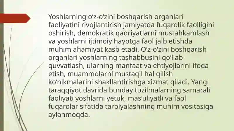 Yoshlarning o'z-o'zini boshqarish organlari faoliyatini rivojlantirish 2