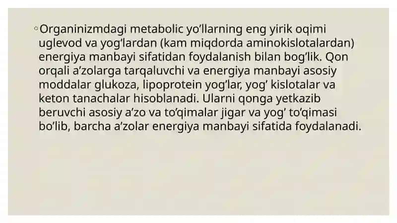 Uglevod, yogʻ va aminokislotalar almashinuvining boshqarilishi 2