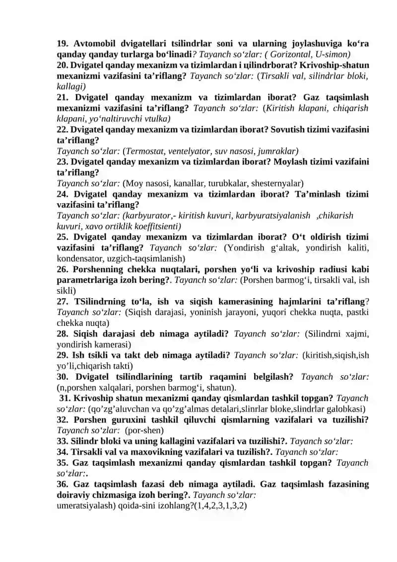 Transport vositalari konstruksiyasi fanidan nazorat savollari (DAK) uchun 2