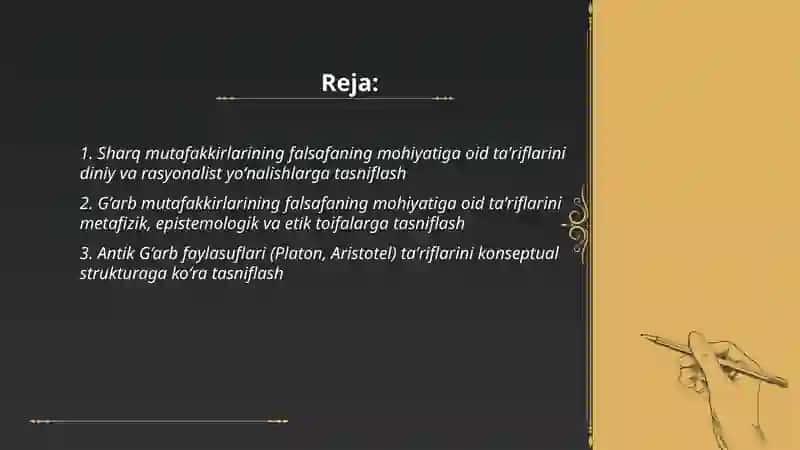 Falsafaning mohiyatiga oid Sharq va G’arb mutafakkirlari ta’riflarini tasniflash 2