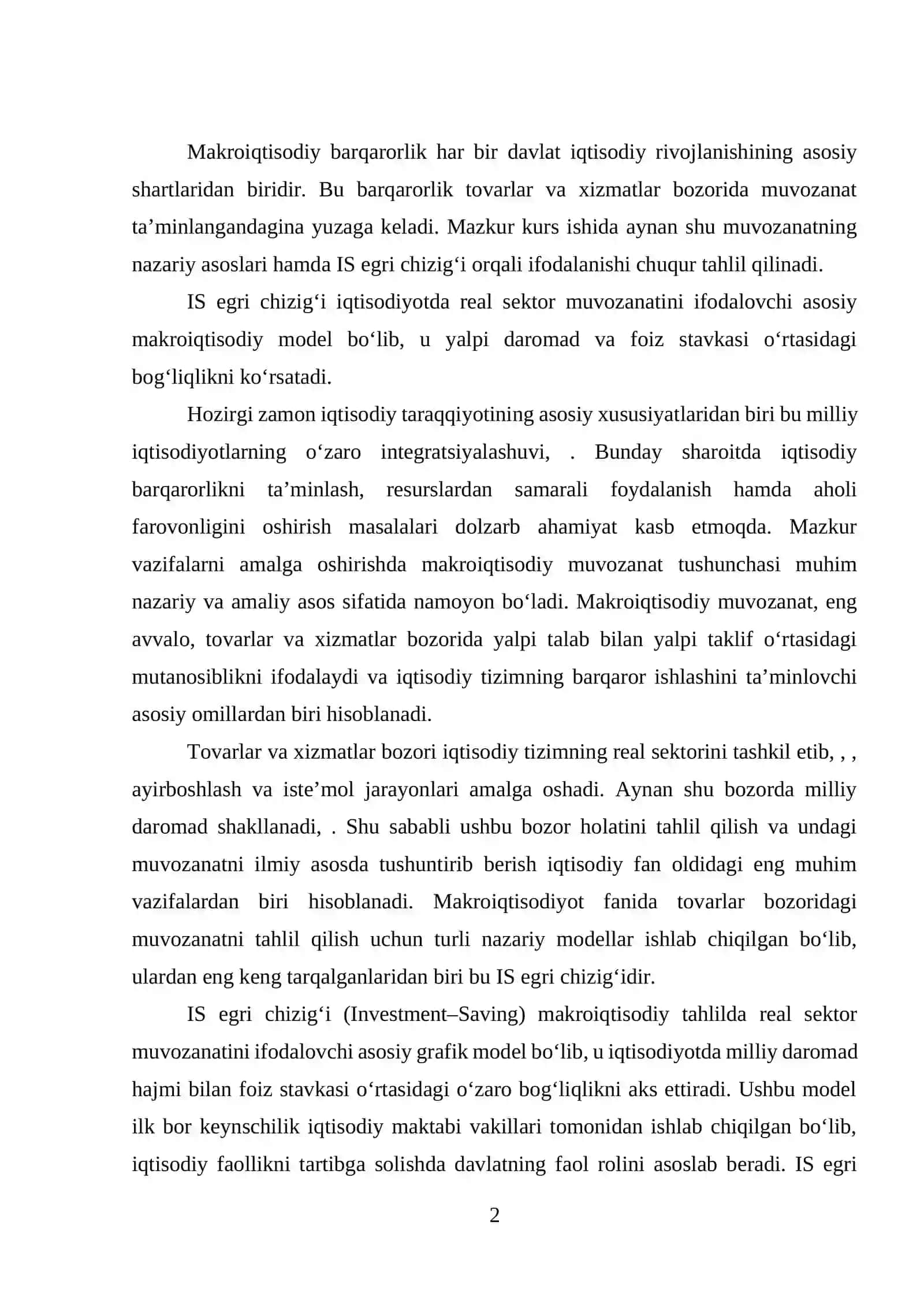 TOVARLAR VA XIZMATLAR BOZORIDA MAKROIQTISODIY MUVOZANAT. IS EGRI CHIZIG‘I 2