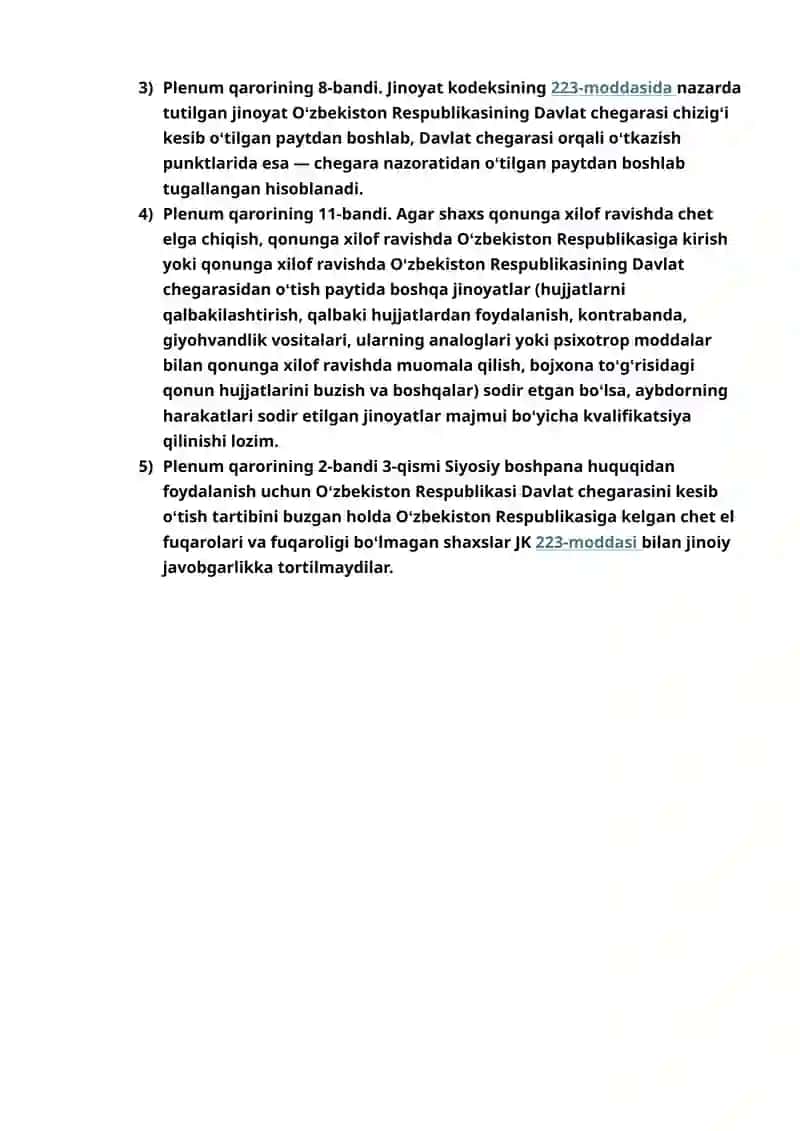 OʻZBEKISTON RESPUBLIKASINING DAVLAT CHEGARASINI KESIB OʻTISH TARTIBINI BUZISHGA OID ISHLAR BOʻYICHA SUD AMALIYOTI TOʻGʻRISIDAgi 2