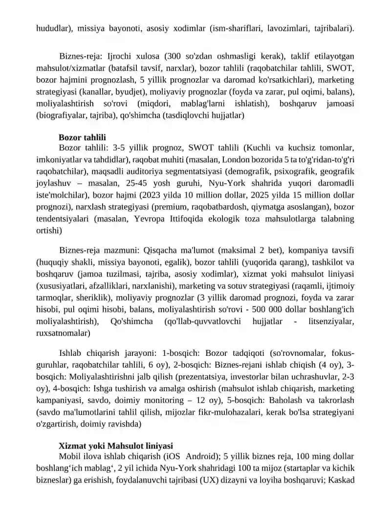 Biznes reja, uning mazmuni va ishlab chiqish tartibi 2