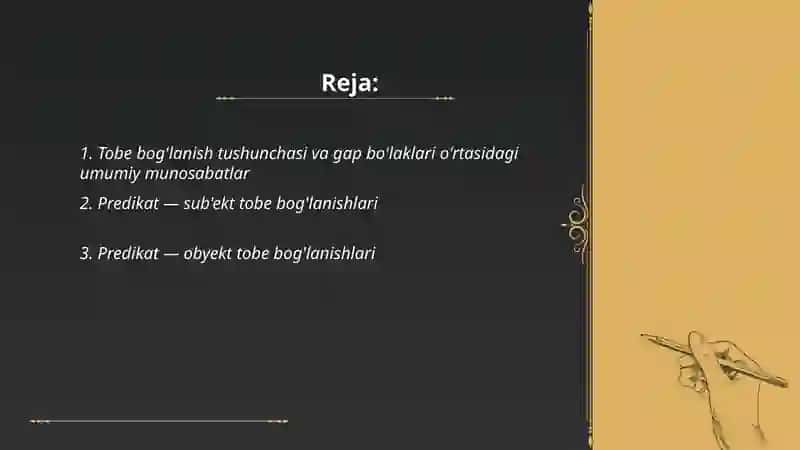 Tobe bog'lanish va gap bo'laklari o'rtasidagi sintaktik munosabatlar 2