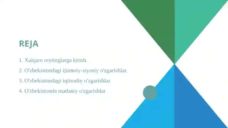 Yangi o'zbekiston ijtimoiy-siyosiy, iqtisodiy va madaniy hayotida ro'y berayotgan o'zgarishlarning xalqaro reyting va indekslarda aks etishi 2
