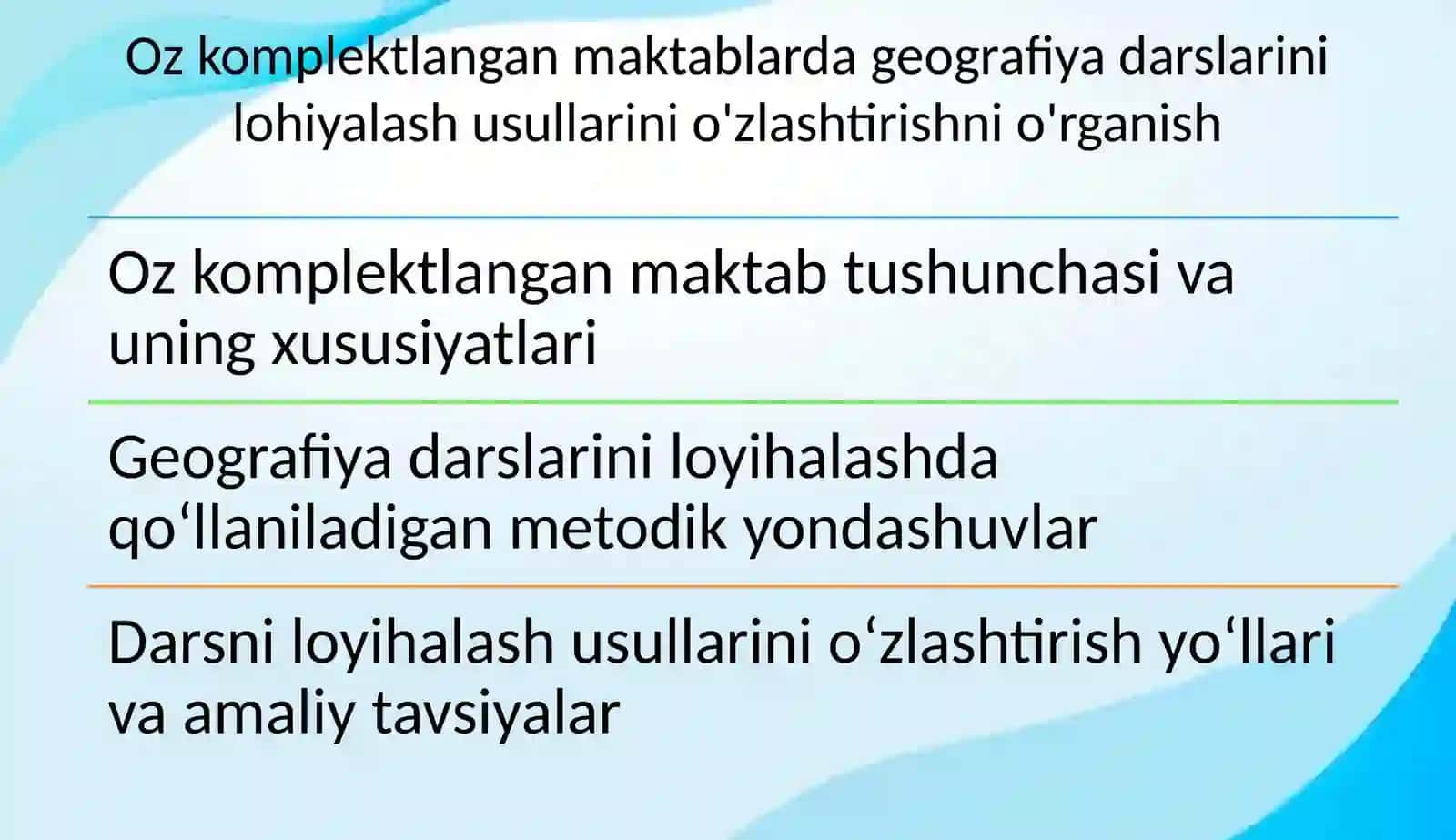 Ozkomplektlangan maktablarda geografiya darslarini loyihalash usullarini o'zlashtirishni o'rganish 2