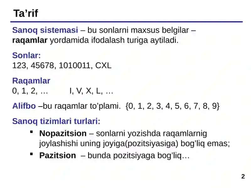 Sanoq sistemalari. Sanoq sistemalar ustida amallar. 2