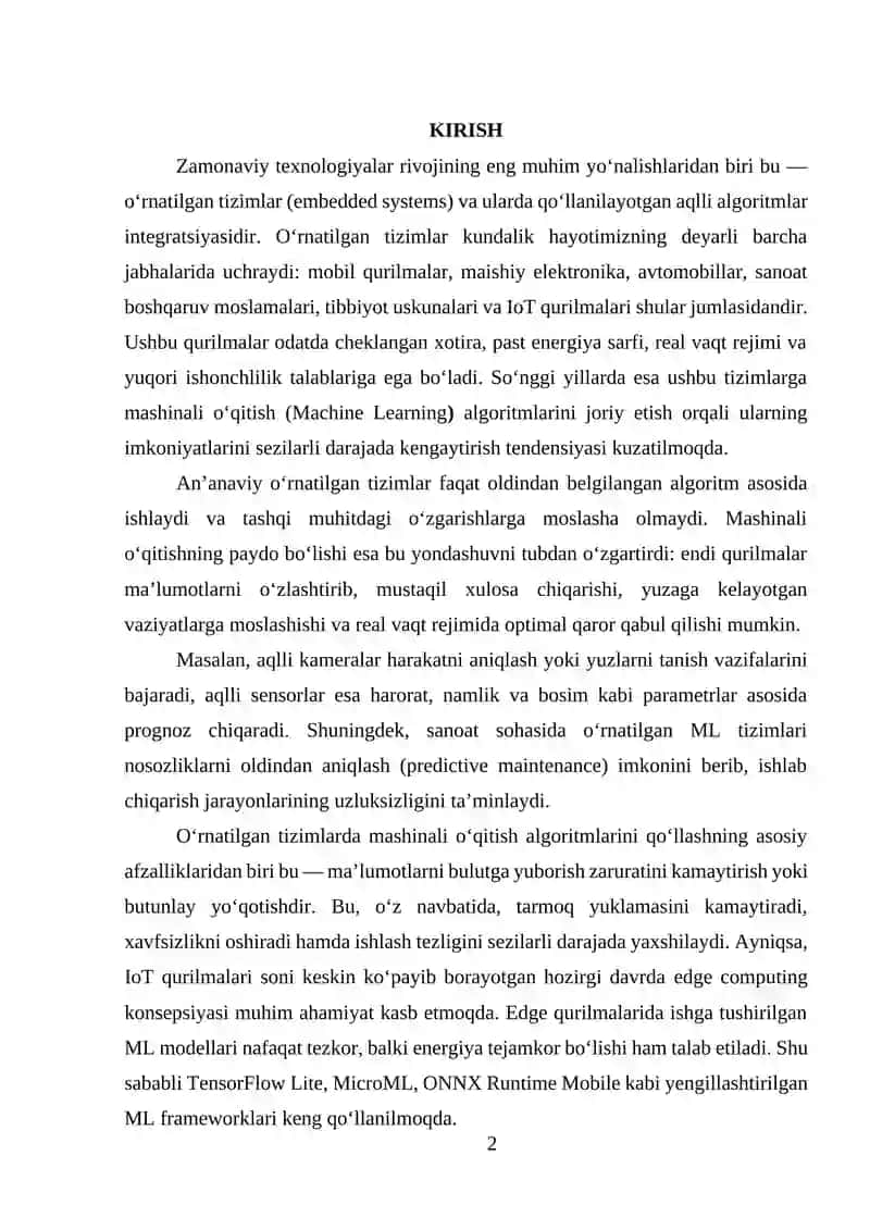 O’RNATILGAN TIZIMLARDA MASHINALI O’QITISH ALGORITMLARINI QO’LLASH 2