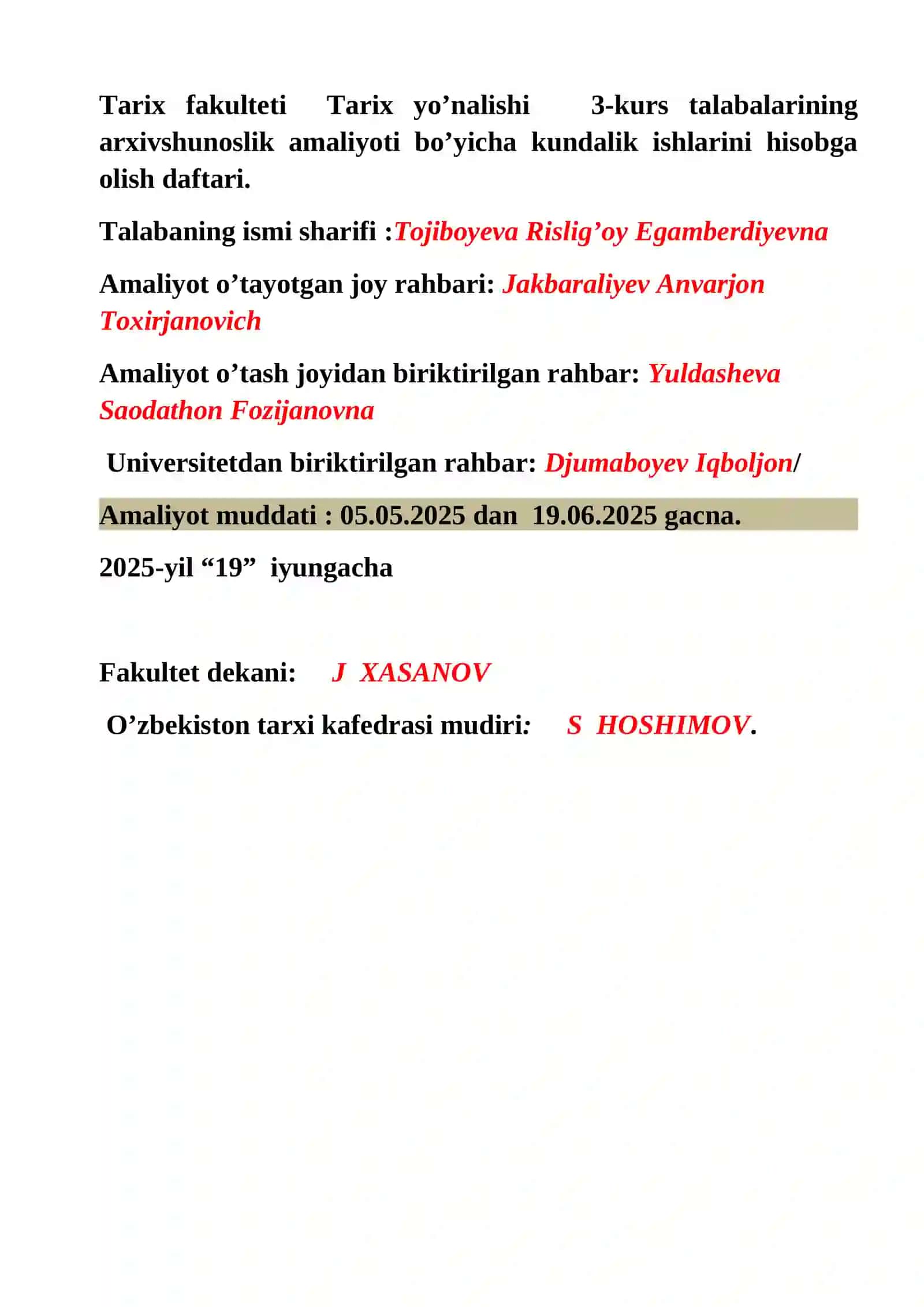 ARXIVSHUNOSLIK BO’YICHA AMALIYOT KUNDALIGI 2