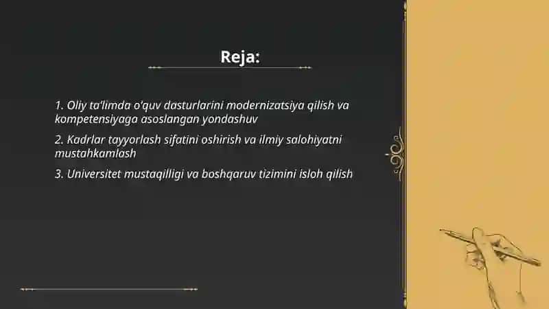 Oliy taʼlim sohasidagi islohotlar va undan koʻzlangan maqsad 2