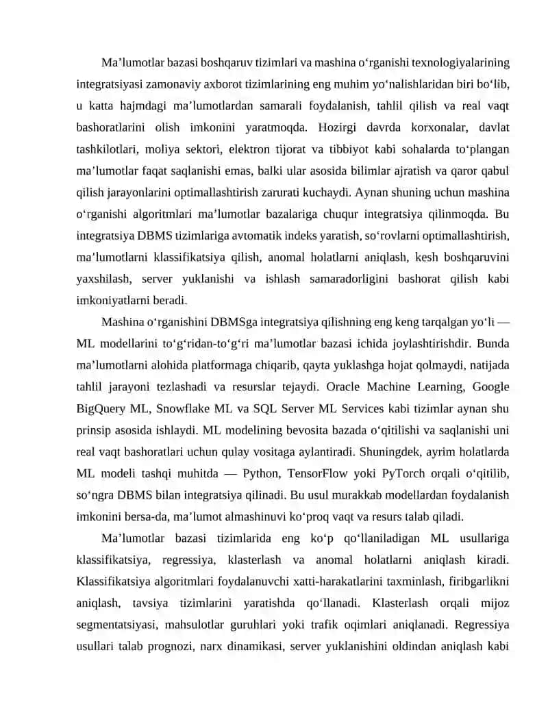Ma’lumotlar bazasi boshqaruvi va mashina o‘rganishi integratsiyasi 2