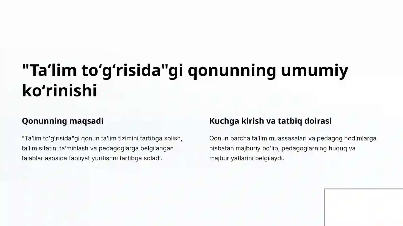 Oʻzbekiston Respublikasining Taʼlim toʻgʻrisidagi Qonunida Pedagog Hodimlarning Majburiyatlari 2