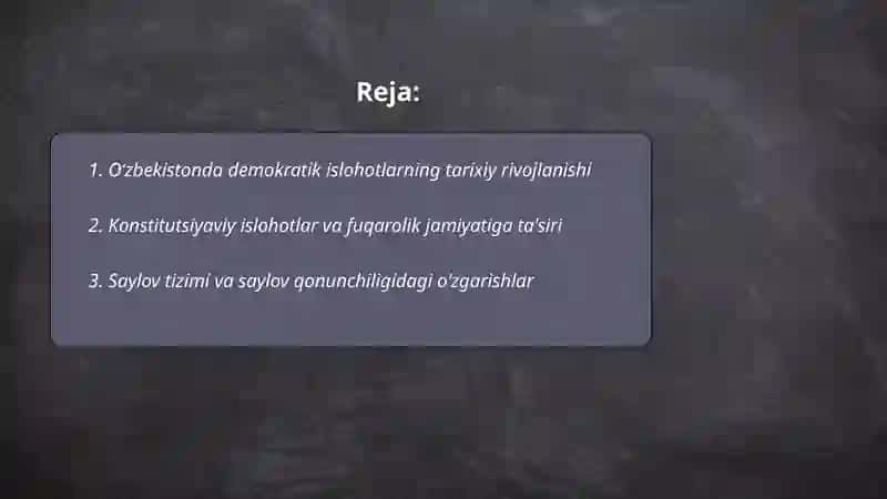 O‘zbekistonda demokratik, fuqarolikjamiyati asoslarining shakllanishi, amalgaoshirilgan siyosiy islohotlar Акрамжонов кароматулло 2