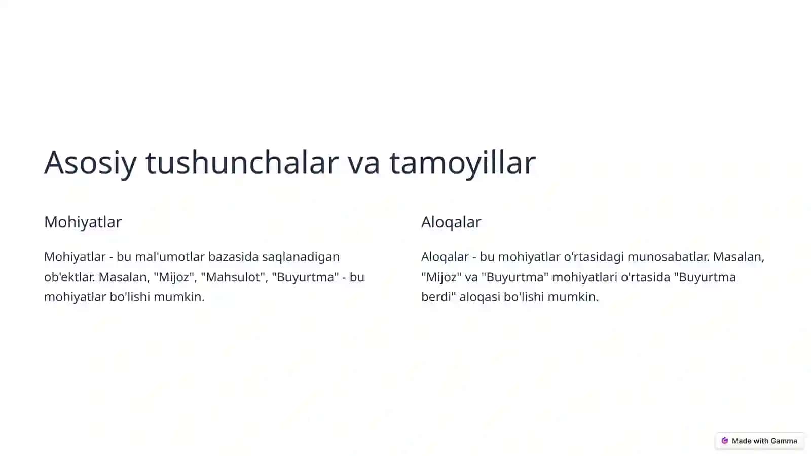 Mal'umotlar bazasida mohiyat-aloqa modeli 2