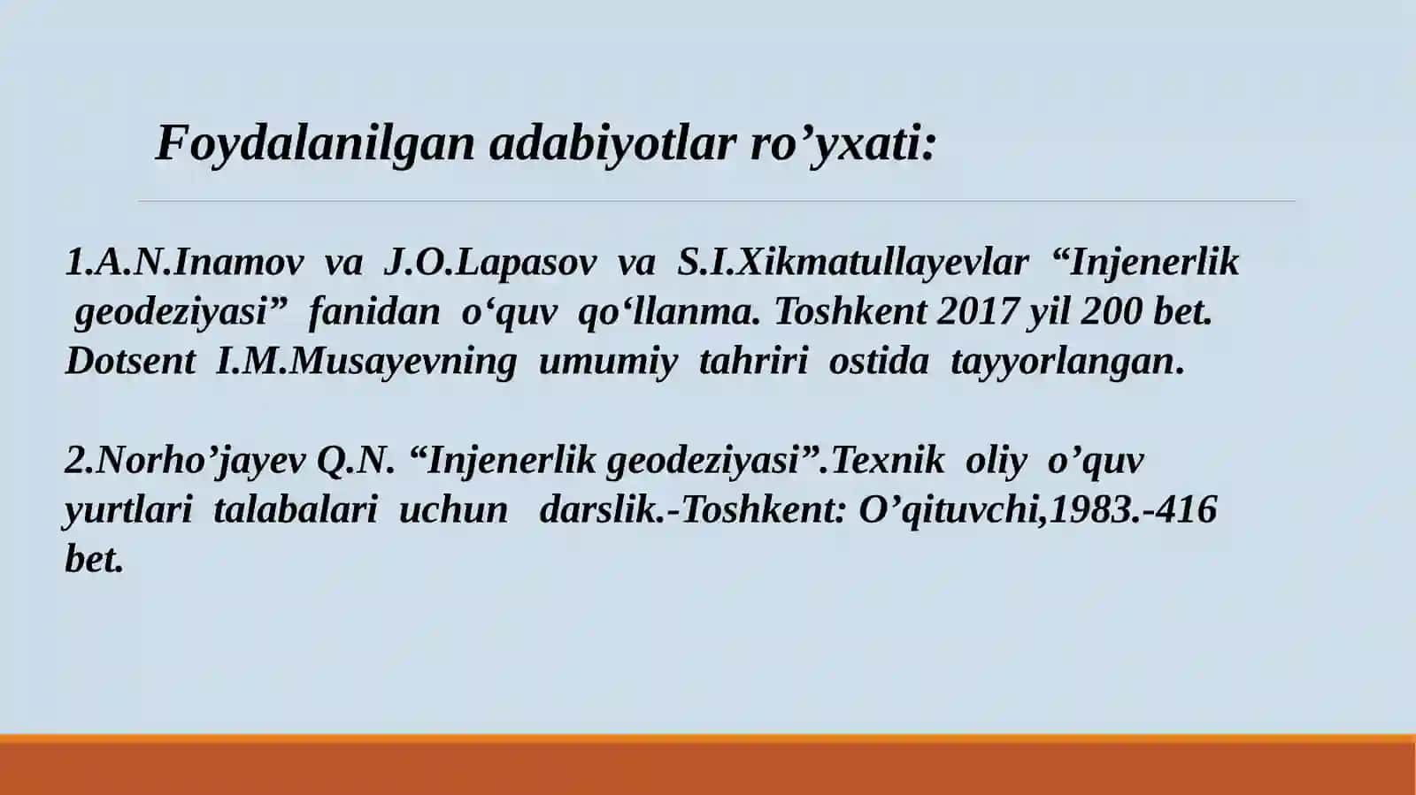 Injenerlik geodeziyasi fanidan amaliy mashg'ulot uchun taqdimot 2