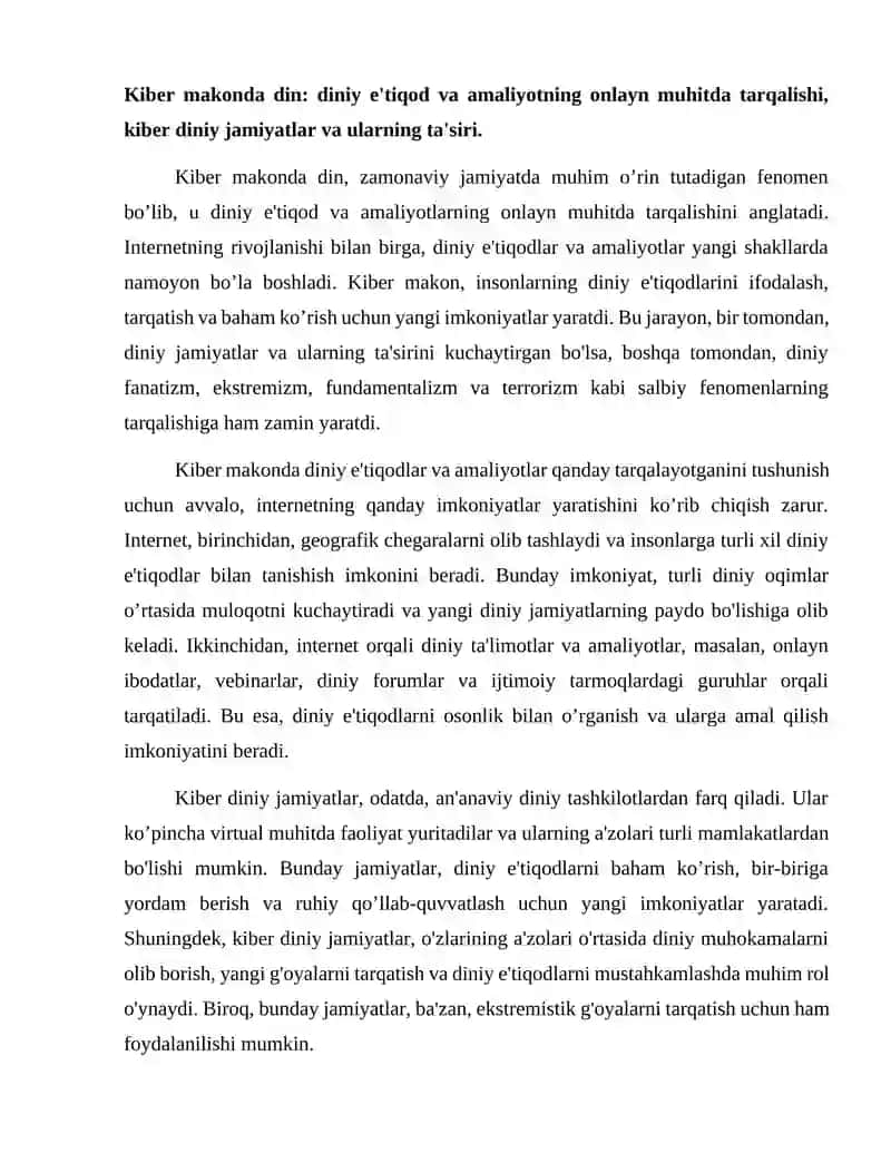 Kiber makonda din. Diniy fanatizm, ekstremizm, fundamentalizm,terrorizmning tarixi va ularning hozirgi davrda xavfsizlikga tahdidi 2