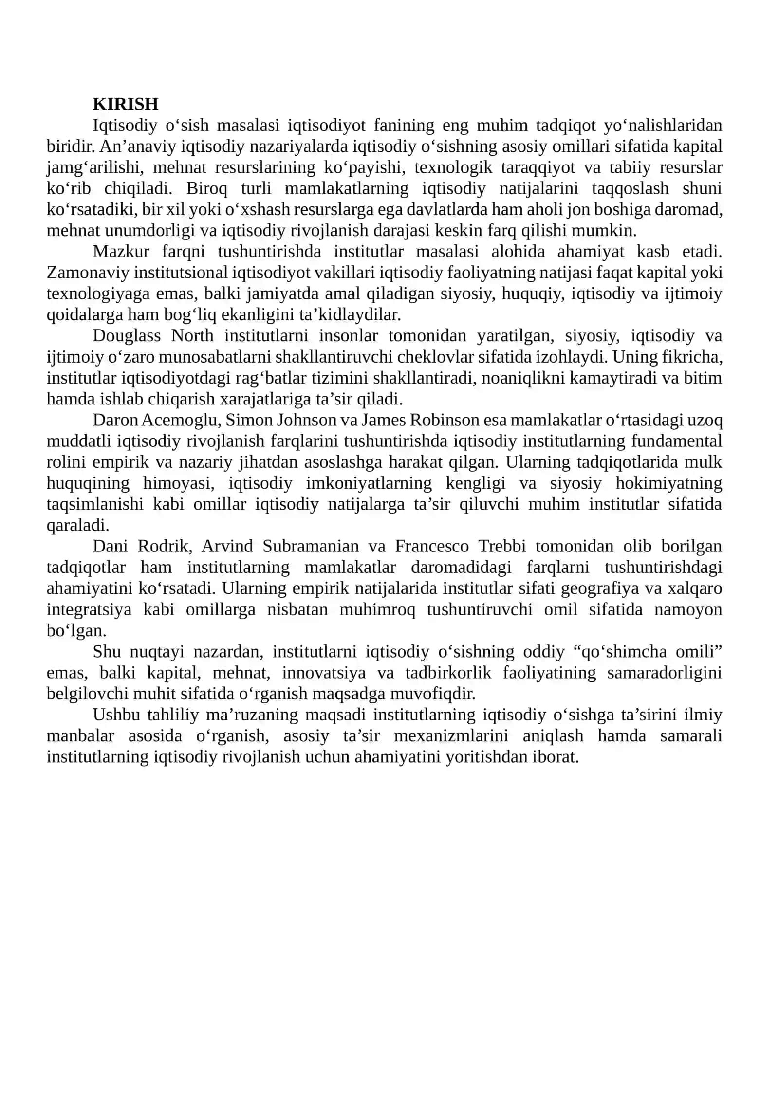 INSTITUTLARNING IQTISODIY O‘SISHGA TA’SIRI BO‘YICHA ILMIY MANBALAR ASOSIDA TAHLILIY MA’RUZA 2