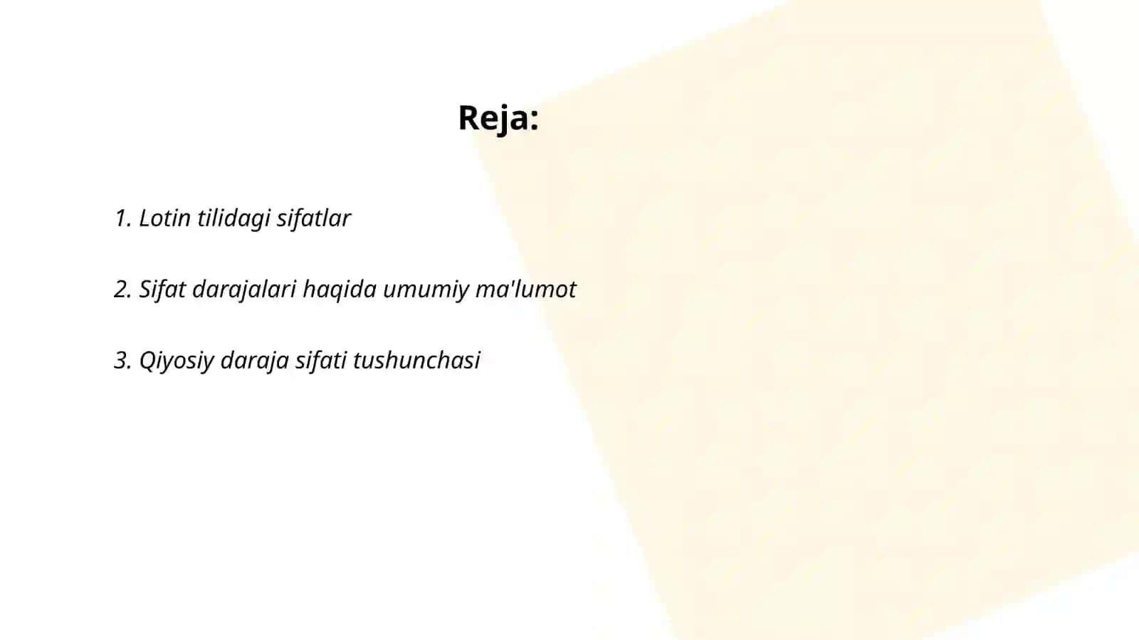 Lotin tilda. Sifat darajalari.Qiyosiy daraja sifatlarining yasalishi va turlanishi 2