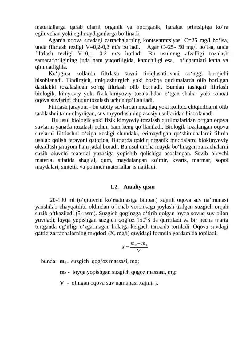 LABОRАTОRIYA ISHI - OQOVA SUVLARDAGI MUALLAQ MОDDALAR MIQDОRINI SUZGICH ОRQALI SUZIB ОLIB GRAVIMETRIK USULDA ANIQLASH 2