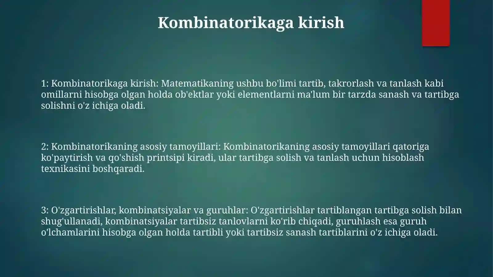 Kombinatorikaning Asosiy Qoidalari.O'Rin Almashtirishlar.O'Rinlashtirishlar Va Guruhlash Qoidalari 2