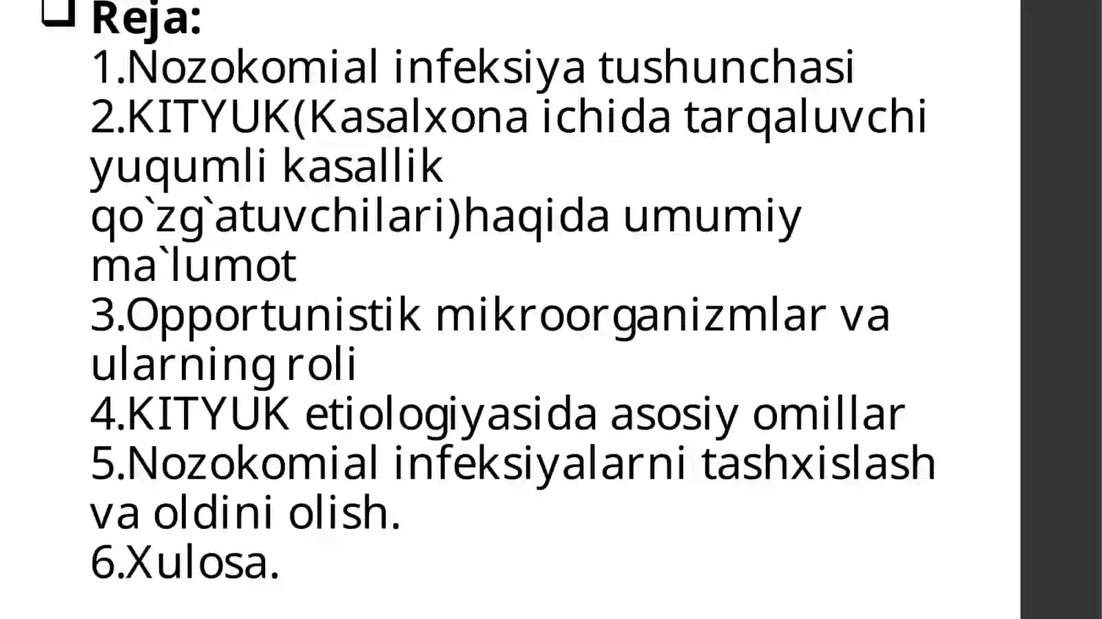 KITYUK (Kasalxona ichi madagi tarqaluvchi yuqumlik asallik qo'zg'atuvchilari) 2