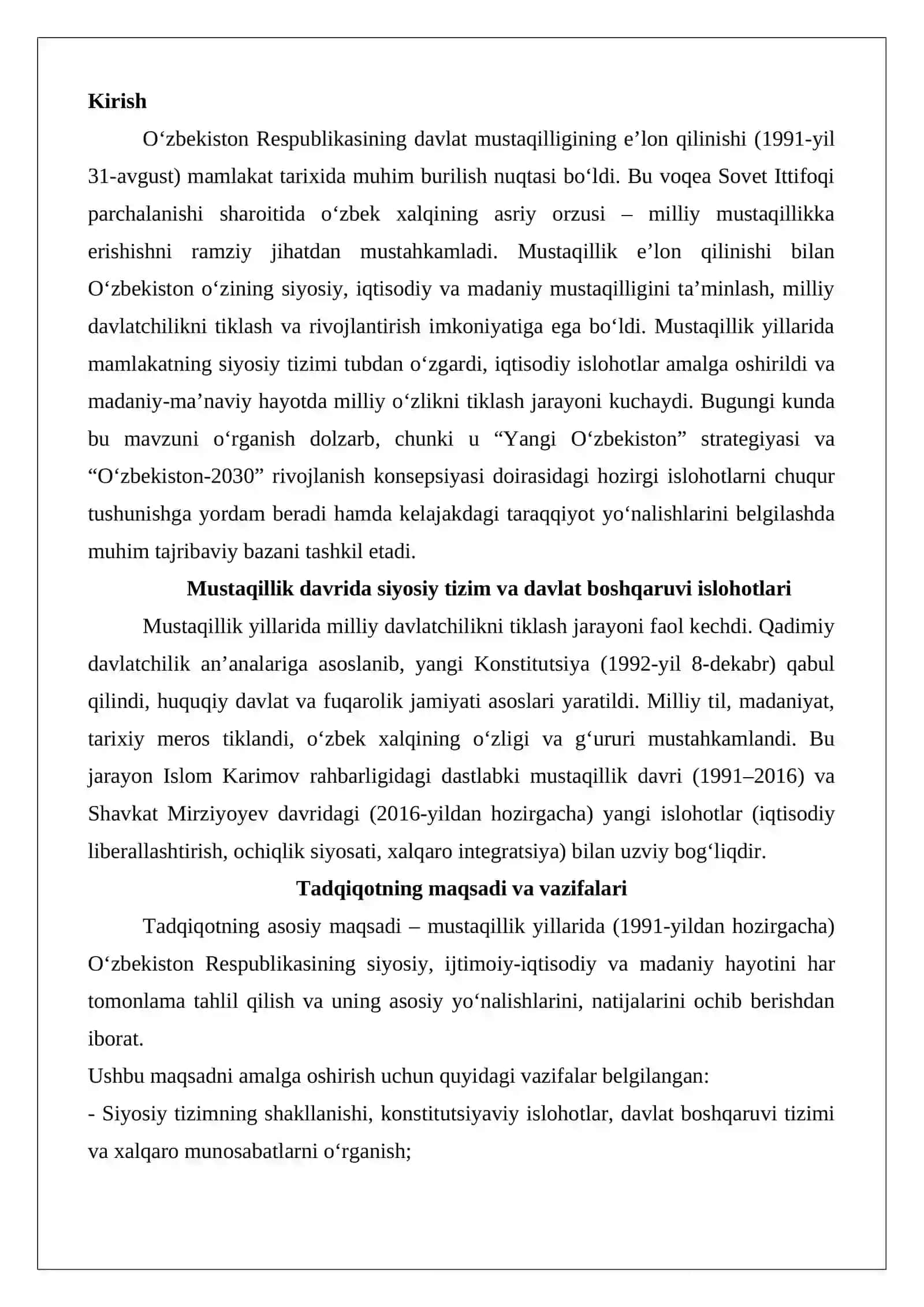 Mustaqillik yillarida O‘zbekistonning siyosiy, ijtimoiy-iqtisodiy va madaniy hayoti tarixi 2