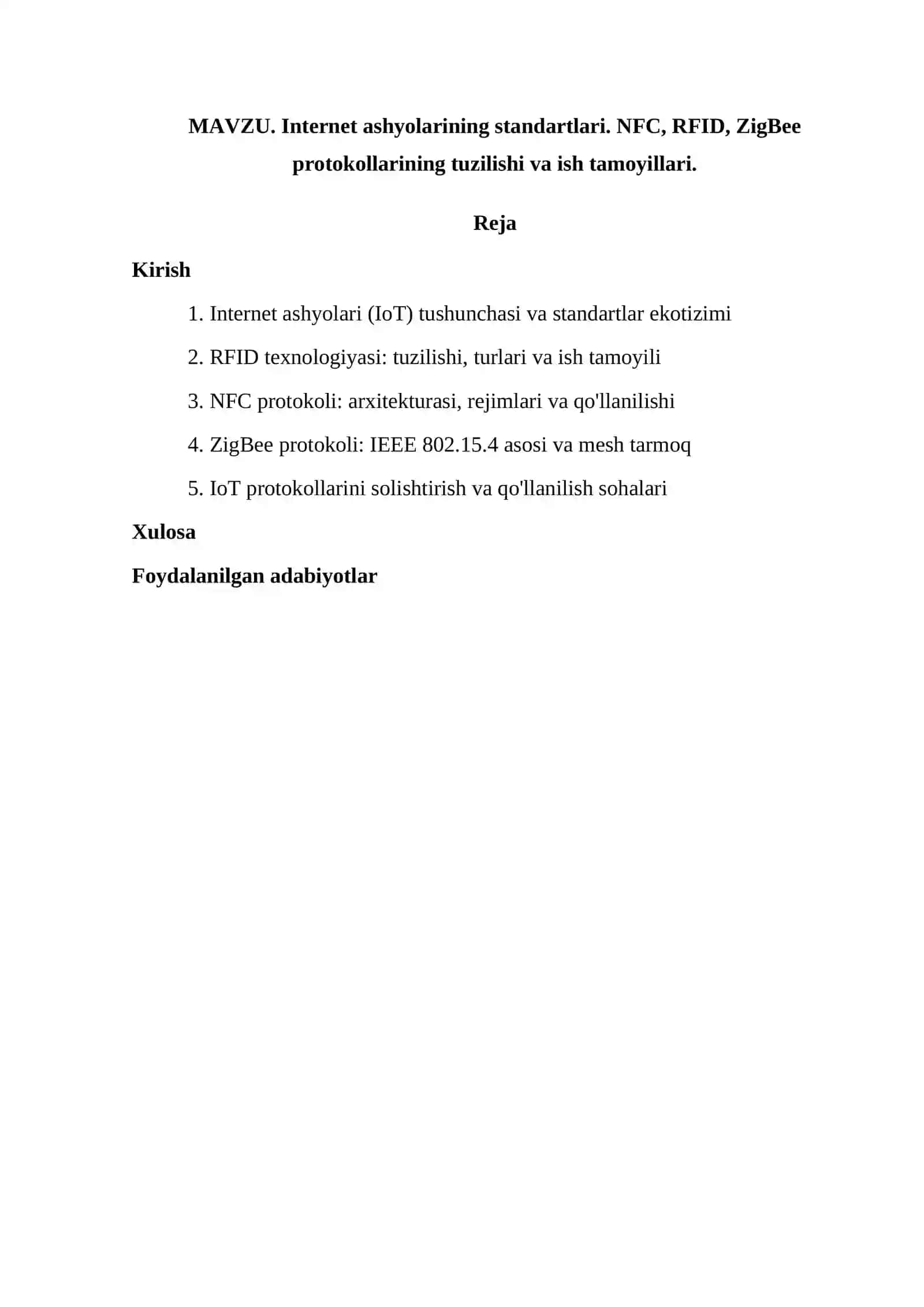 Internet ashyolarining standartlari. NFC, RFID, ZigBee protokollarining tuzilishi va ish tamoyillari 2