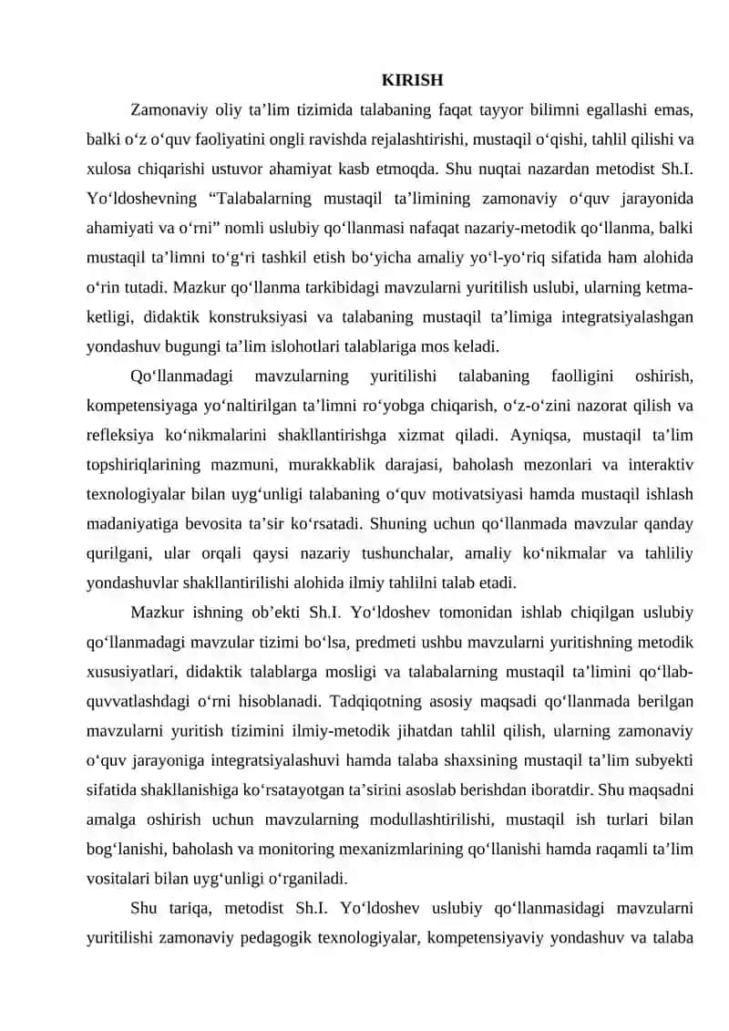 Metolist Sh.I. Yo‘ldoshevning "Talabalarning mustaqil ta’limining zamonaviy o‘quv jarayonida ahamiyati va o‘rni" 2