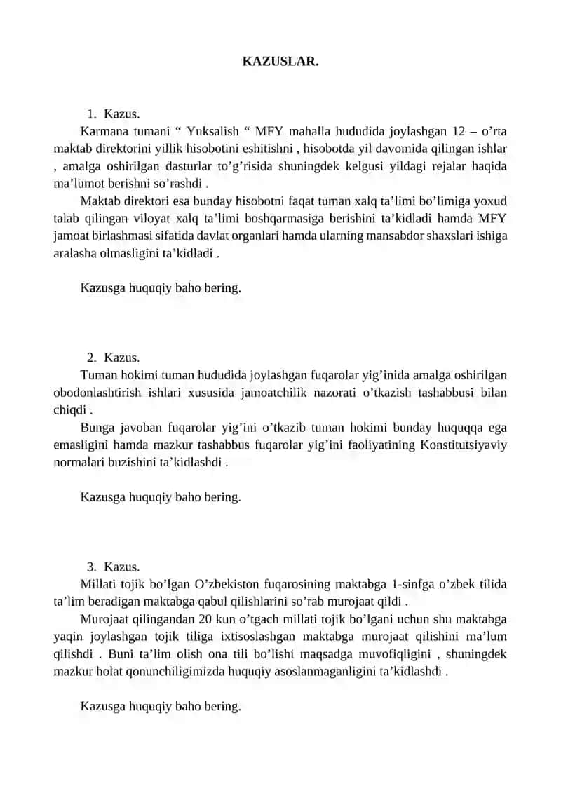 KONSTITUTSIYAVIY HUQUQ MODULIDAN 2023-2024 O'QUV YILI 1-SEMSTER YAKUNIY NAZORAT TOPSHIRIQLARI 2