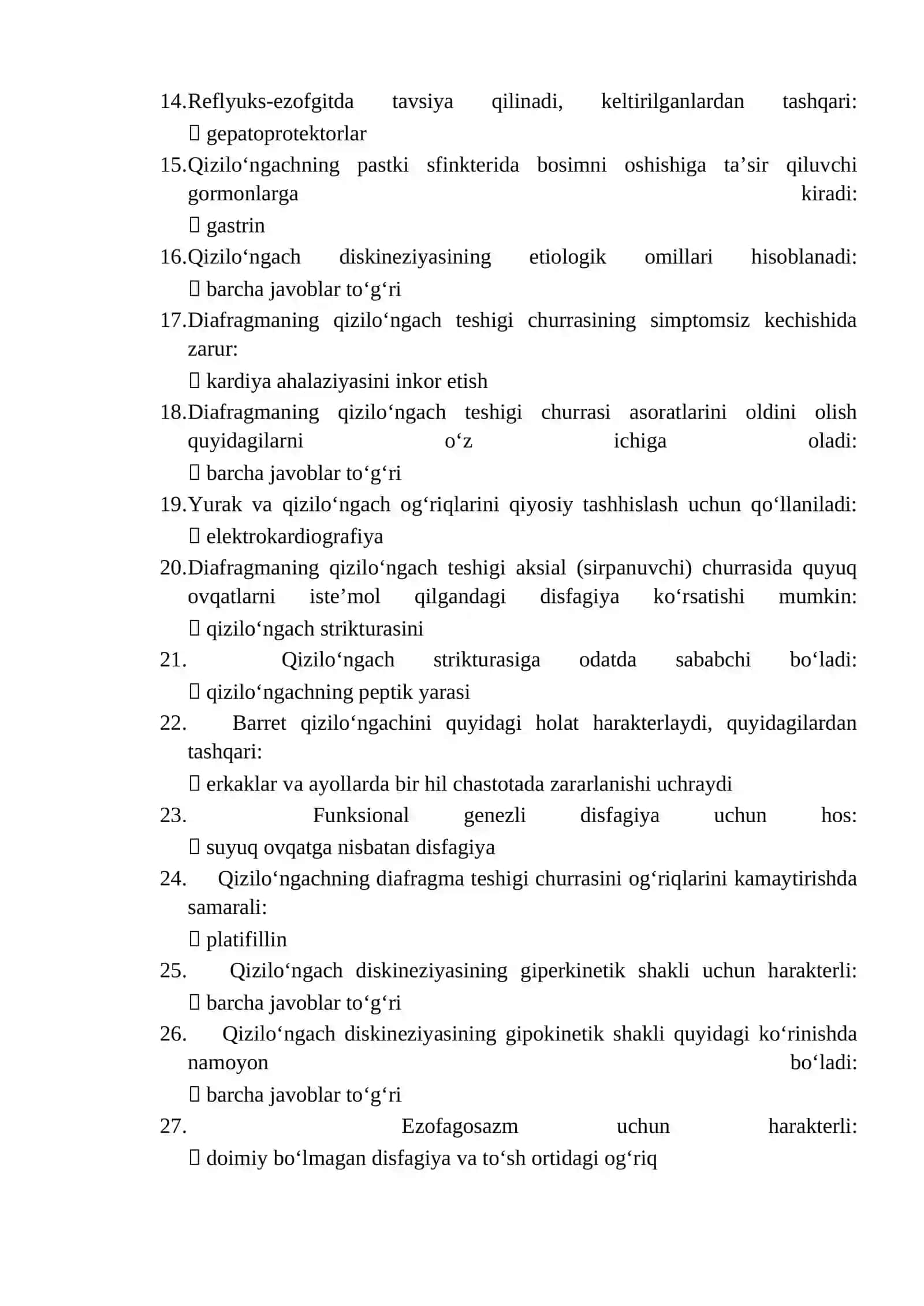 Gastroenterologiya mutaxassisligi boʻyicha shakllantirilgan test savollari roʻyxati 2