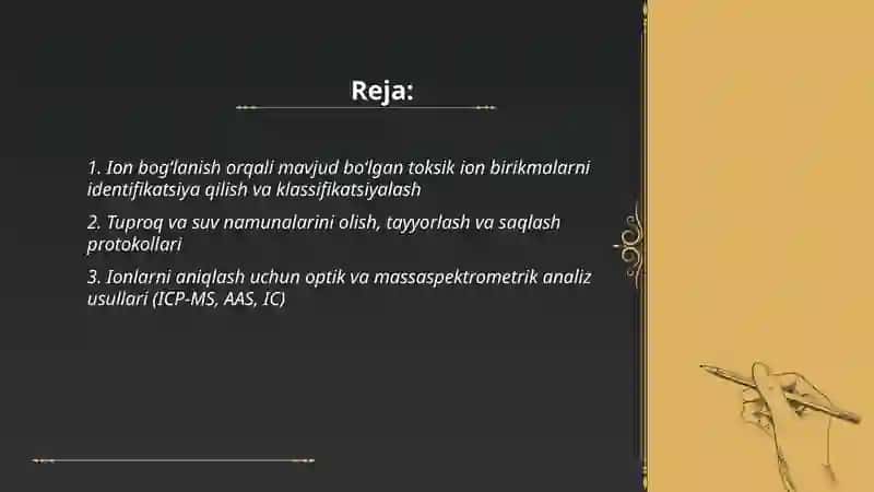 Tuproq suvning ifloslanishida ion bog'lanish birikmalarni aniqlab ulardan tozalash g'oyasini ishlab chiqish 2