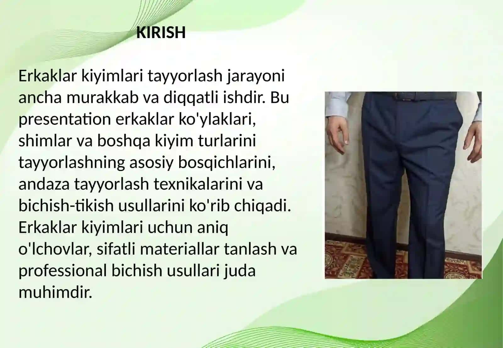 Erkaklar kiyimlariga andaza tayyorlash va bichish-tikish. Erkaklar ko'ylagini, namunalarini tayyorlash. 2
