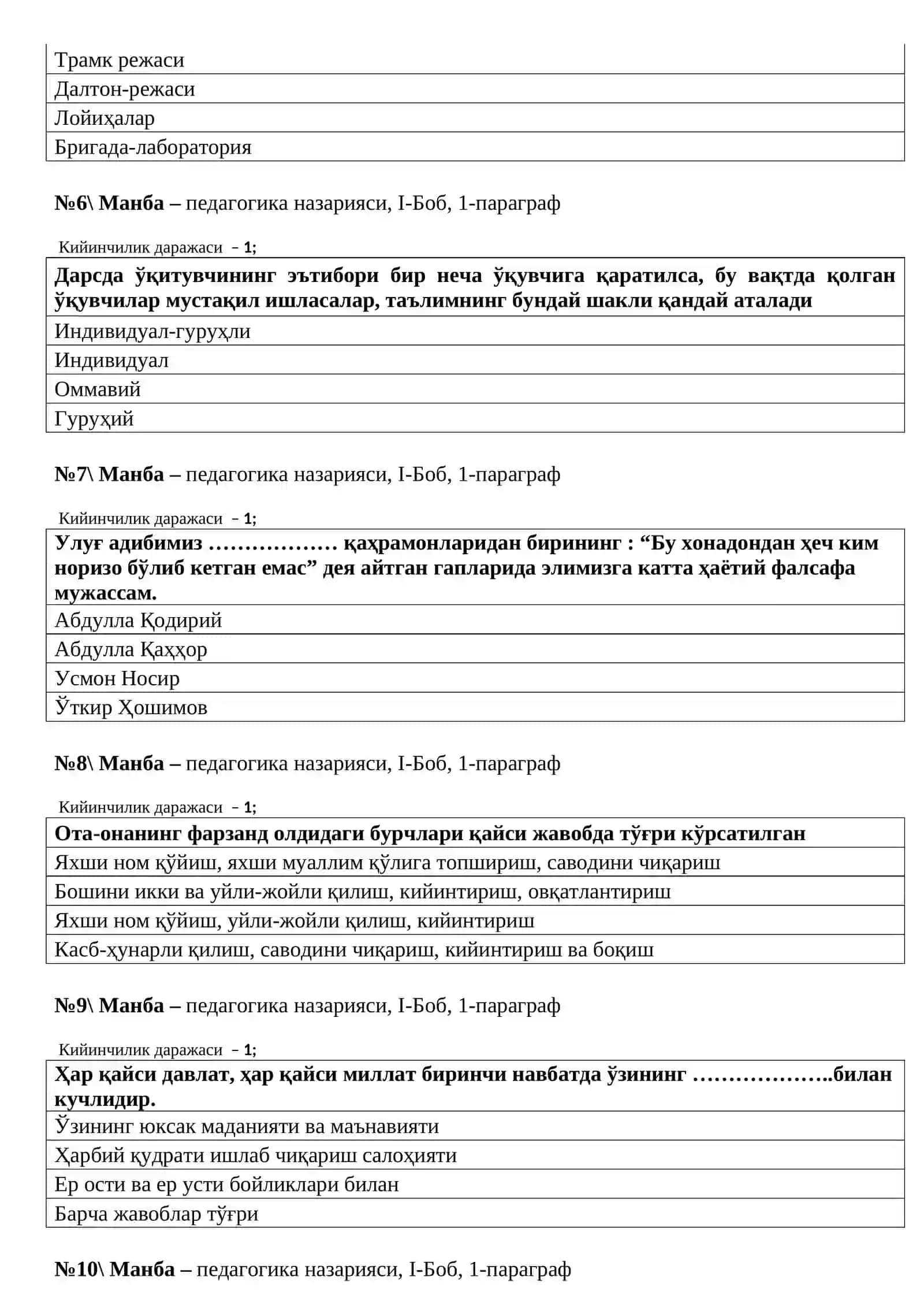 пeдaгoгикa назарияси ва тарихи фaнидaн тeст сaвoллaри 2