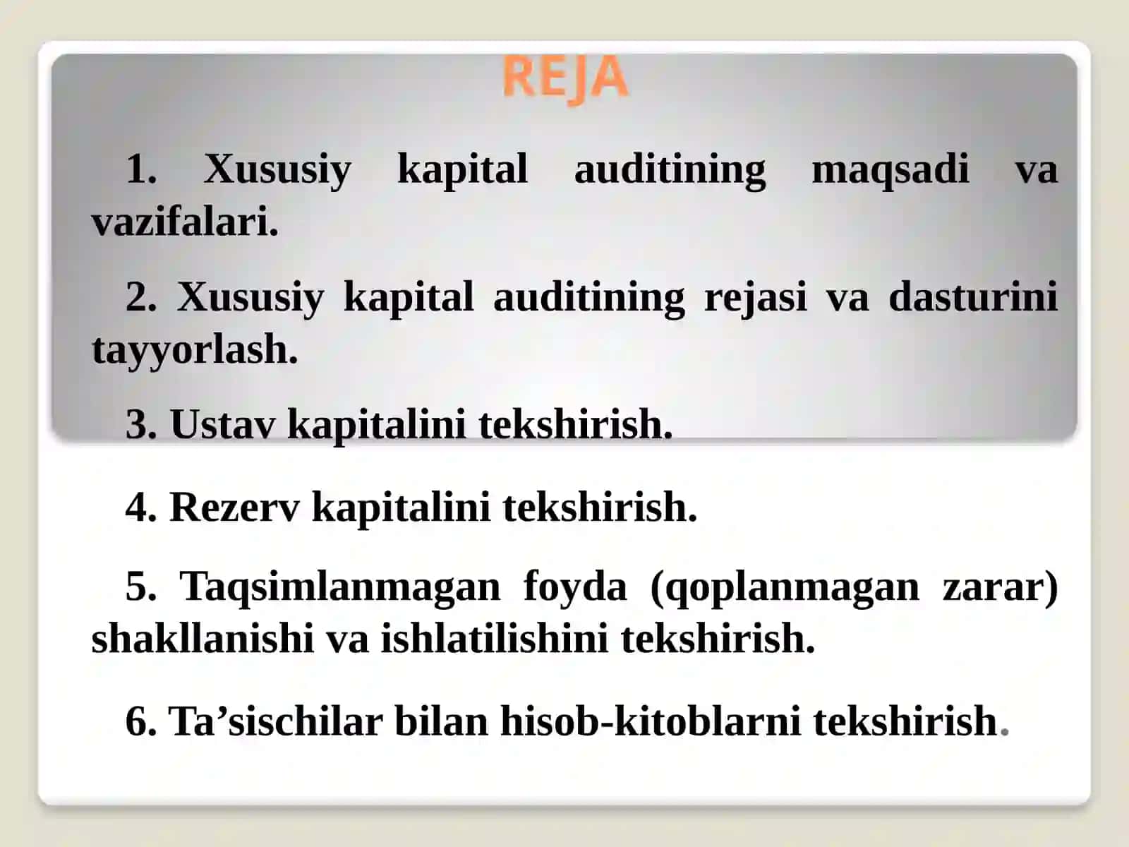 XUSUSIY KAPITAL SHAKLLANISHI VA TA’SISCHILAR BILAN HISOBLASHISHLAR AUDITI 2
