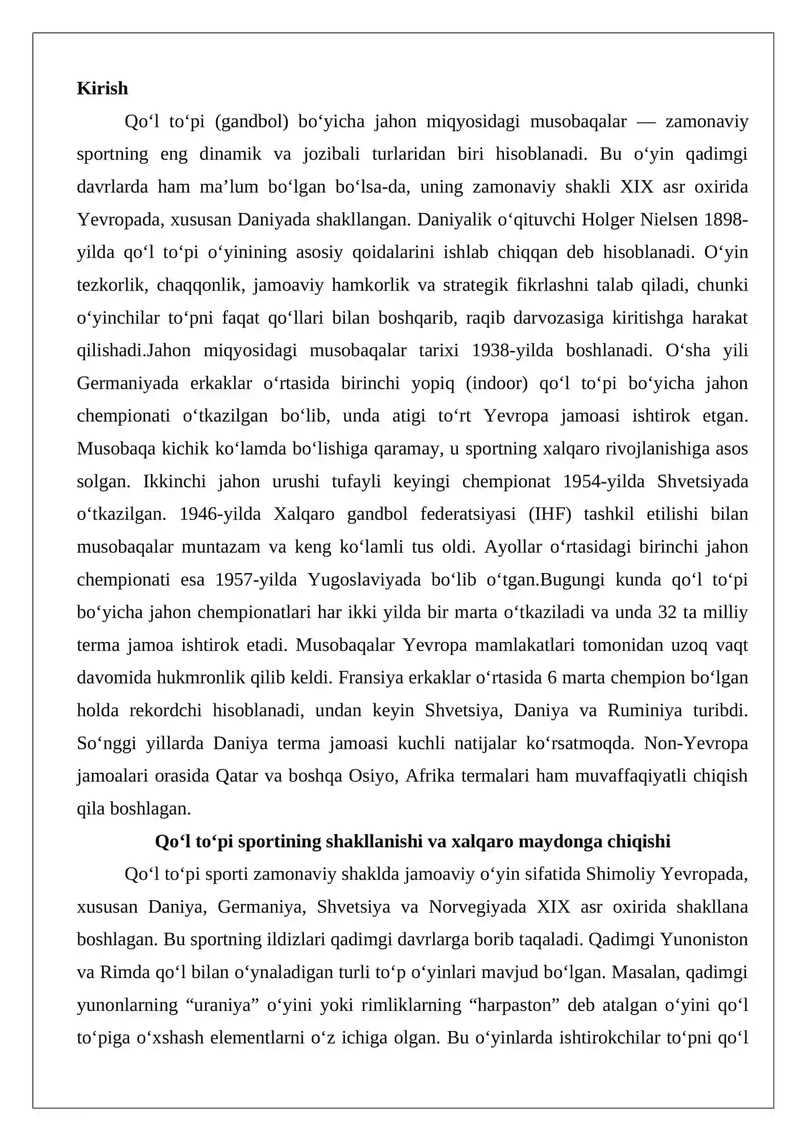Qo‘l to‘pi bo‘yicha jahon miqyosidagi musobaqalar o‘tkazilishi 2