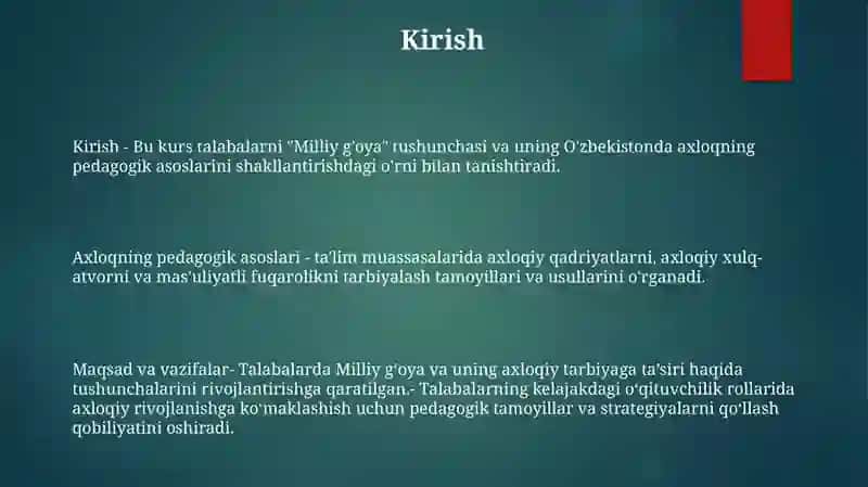 "Milliy GʻOya, MaʼNaviyatning Pedagogik Asoslari" Fanining Maqsad Va Vazifalar 2