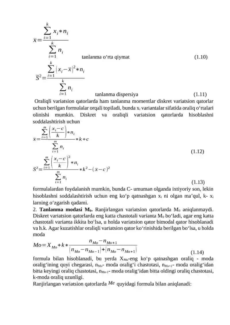 Tanlanmaning sonli xarakteristikalari. Tanlanma matematik kutilish, tanlanma dispersiya va tanlanma o’rtacha kvadratik chetlanish tushunchalari. Tanlanma sonli xarakteristikalari xossalari 2