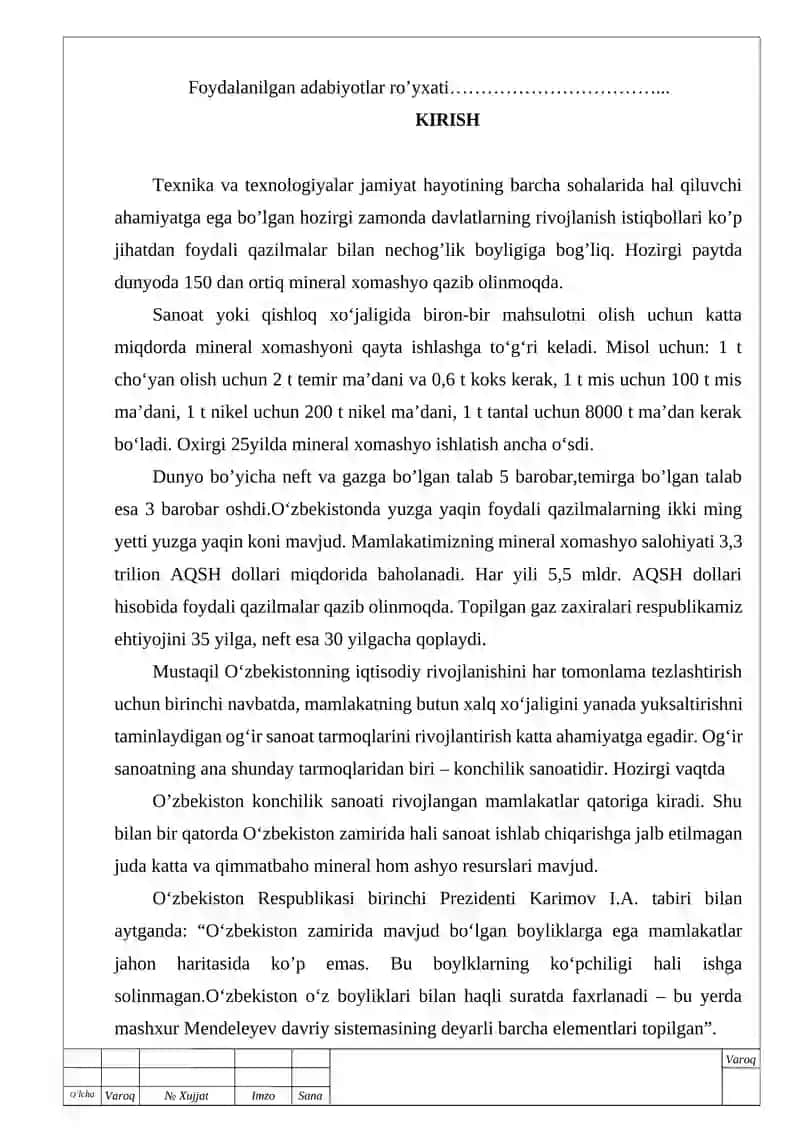 diplom ishi ko'chbuloq shaxta sharoitida suvni yer yuzasiga chiqarish qurilmalari va shamollatishni hisoblash 2
