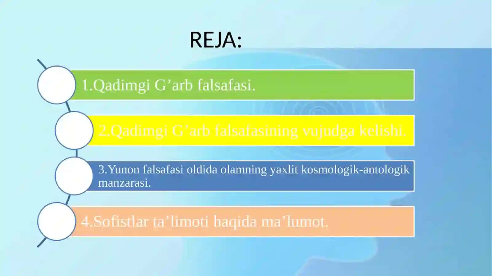Ilko‘rta asrlar falsafasi, Apologetika, mutlaq ruh, verifikatsiya, veto, empirizm, dualizm, monizm, skeptitsizm, sxolastika, nominalizm, realizm 2