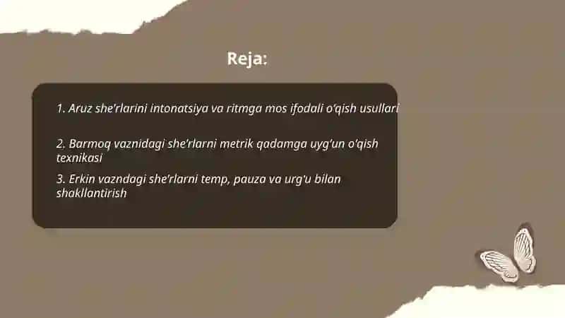 Aruz, barmoq, erkin vazndagi she'rlarni ifodali o'qish 2