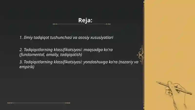 Ilmiy tadqiqotlarning turlari (klassifikatsiyalanishi), strukturasi va bosqichlari 2