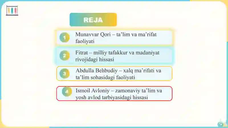 Jadid ma’rifatparvarlarining o‘lka ijtimoiy-ma’naviy hayotida tutgan o‘rni (Munavvar Qori, Fitrat, Behbudiy, Avloniy va boshqalar 2