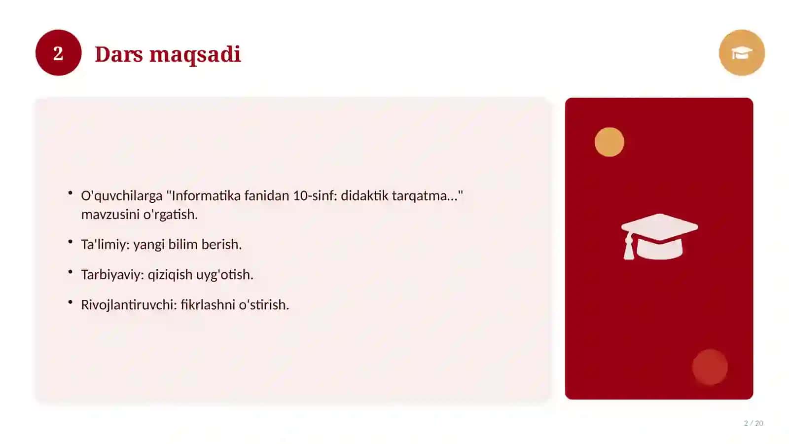 Informatika fanidan 10-sinf: didaktik tarqatma materiallar 2