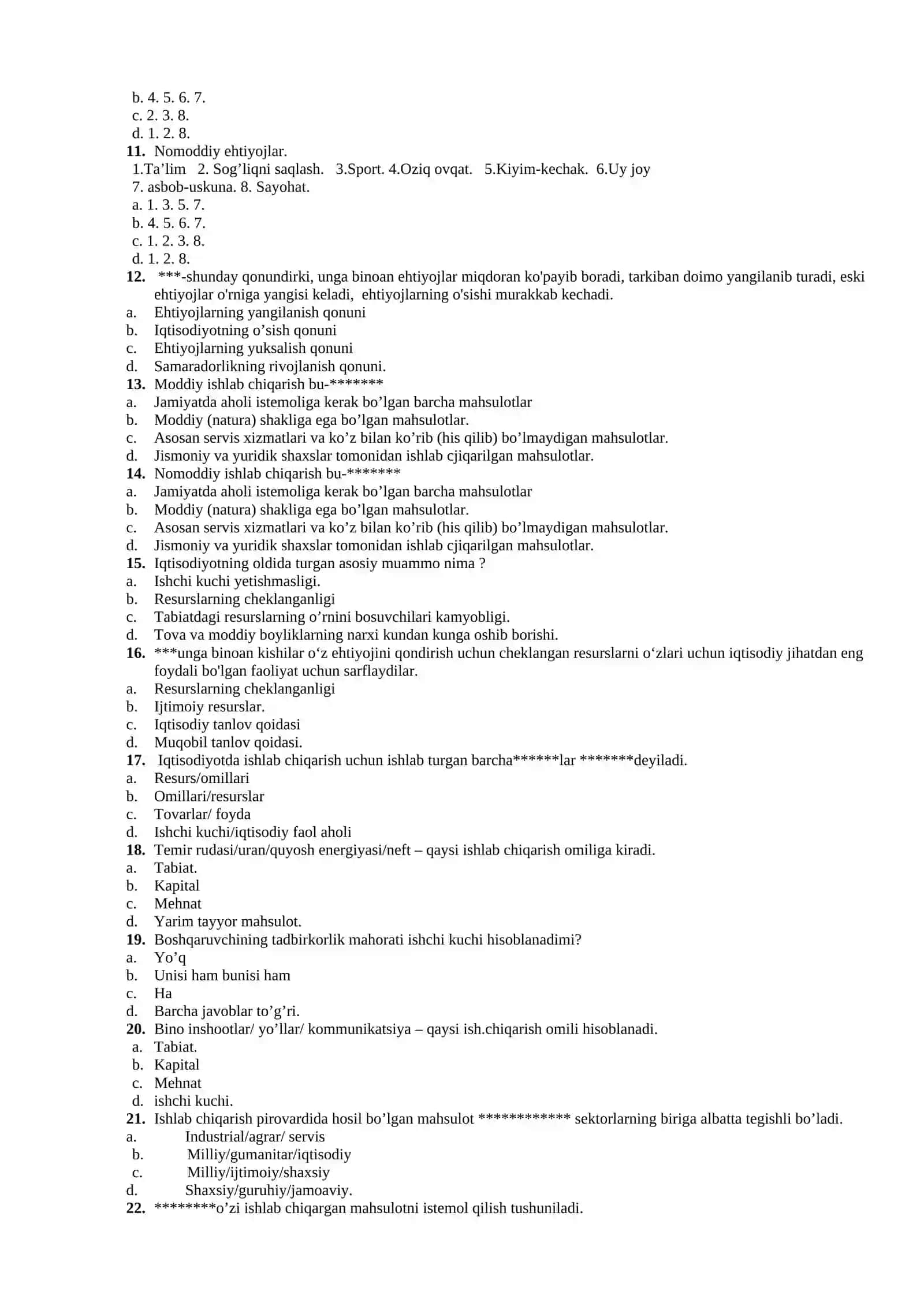 Iqtisodiyot nazariyasi test savollari 2
