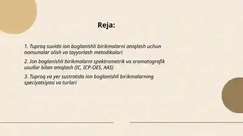 Tuproq suvning ifloslanishida ion boglanishli birikmalarni aniqlab ulardan tozalash goyasini ishlab chiqish 2