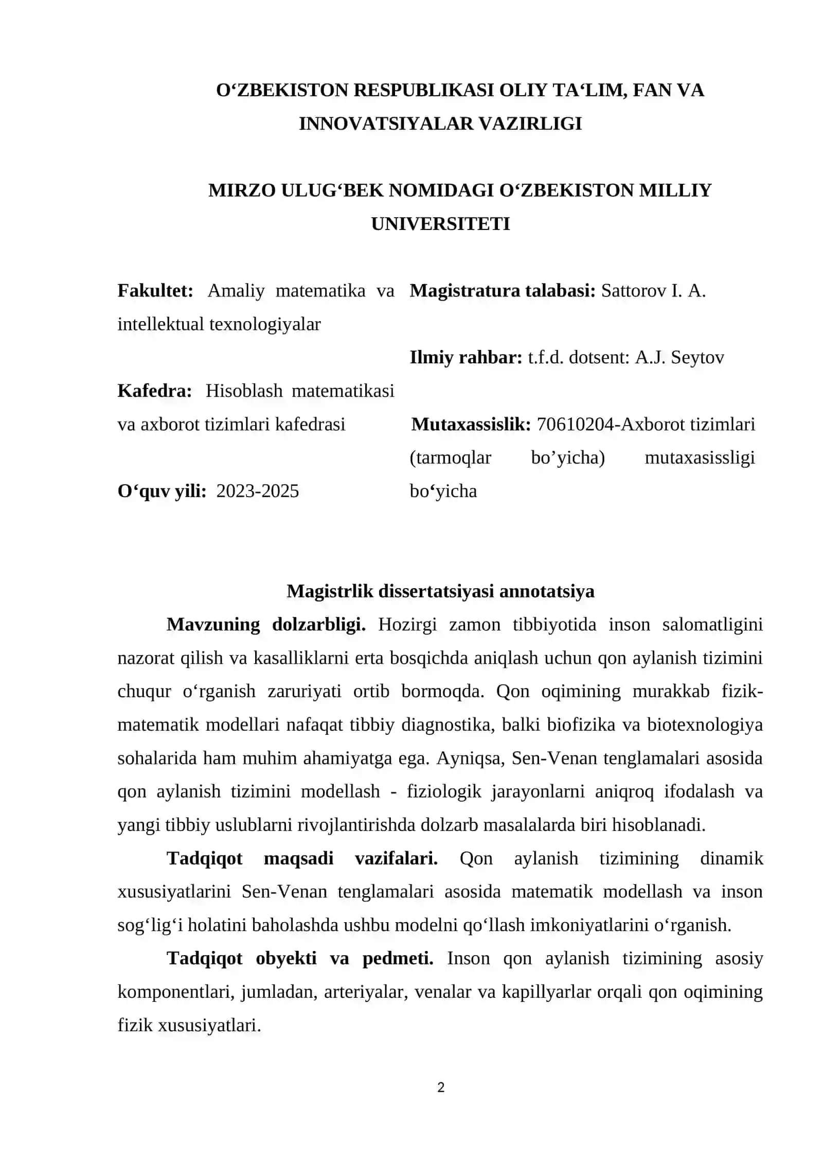 Insondagi qon aylanish tizimini sen-venan tenglamalari yordamida modellashtirish va boshqarish 2