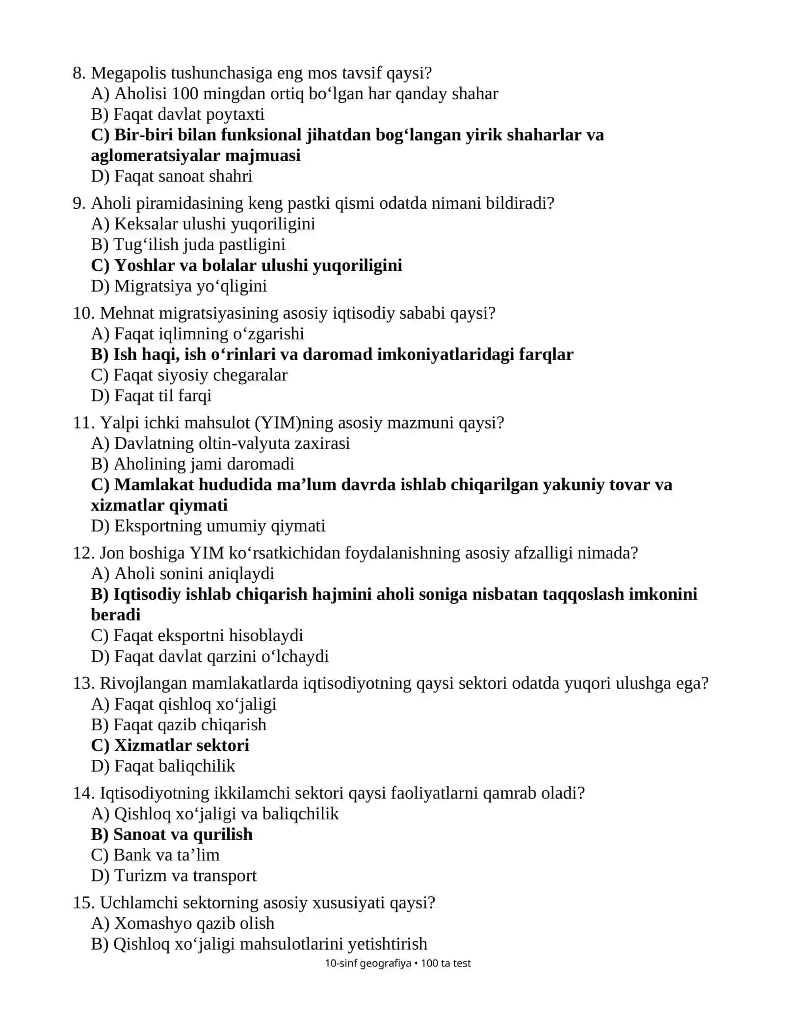 1-SINF UCHUN 100 TALIK  OLIMPIADA TAYYORGARLIK TESTLARI BANKI GEOGRAFIYA FANIDAN 2